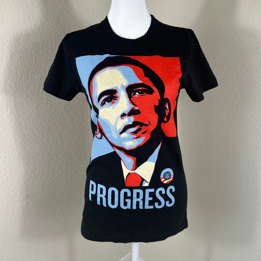 Obey Obama Progress Graphic T-Shirt Women Medium Black Shepard Fairey Art Tee